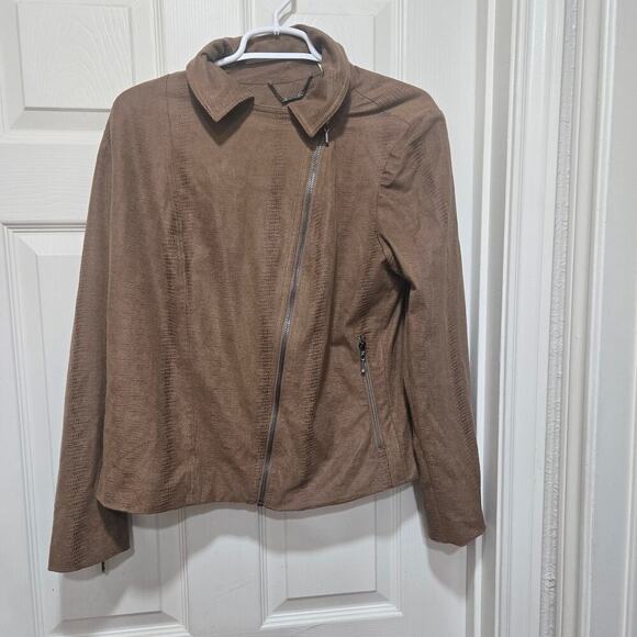 Chico’s Brown Faux Suede Moto Jacket Women’s 12/14 Asym Zip - Picture 2 of 8
